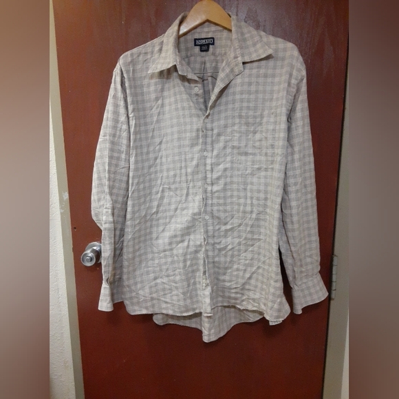 Lands' End Other - Lands End Men's Long Sleeve Button Down Shirt Tan Cream Gigham Abstract 17 - 34